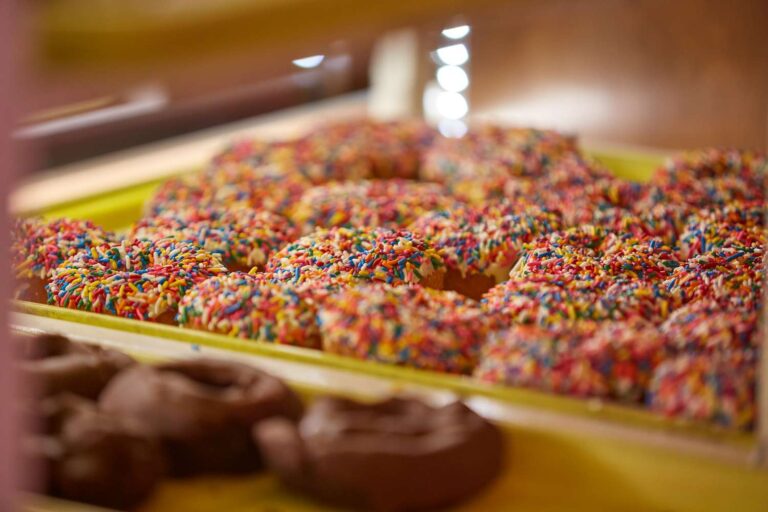 Colorful sprinkle-covered donuts on display shelf.